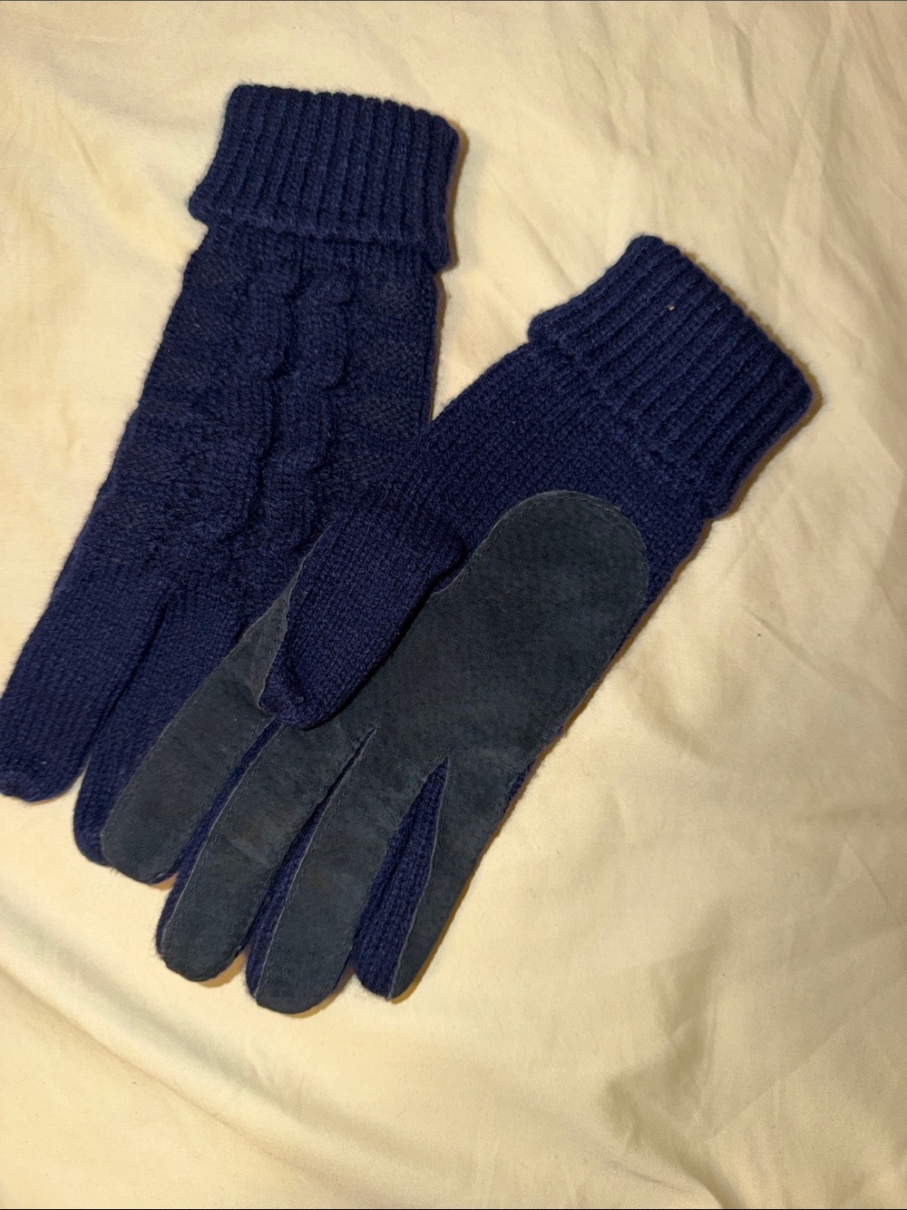isotoner Navy Cable Knit Gloves with Suede Palm Accents